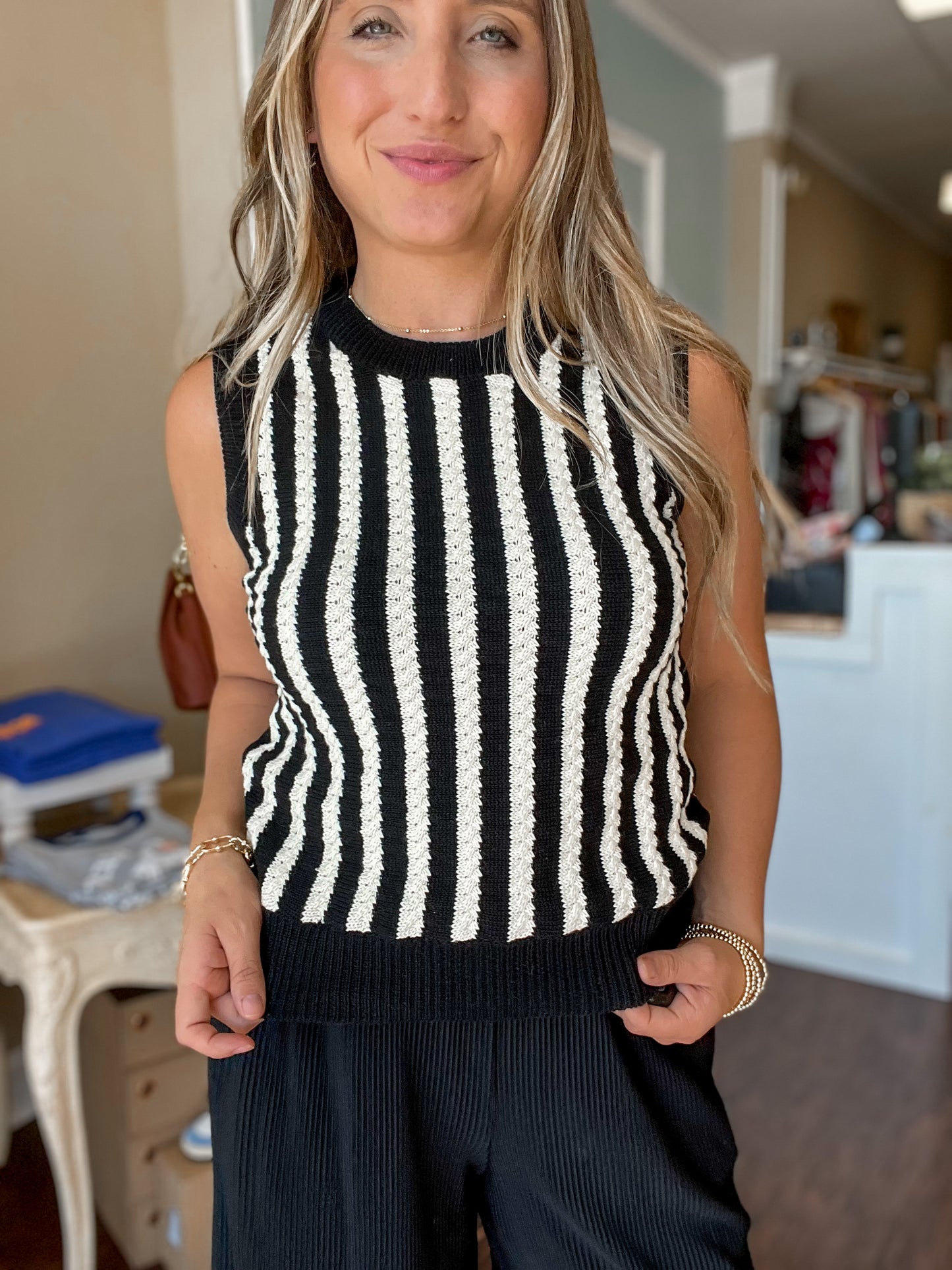 Black and White Striped Sweater Vest