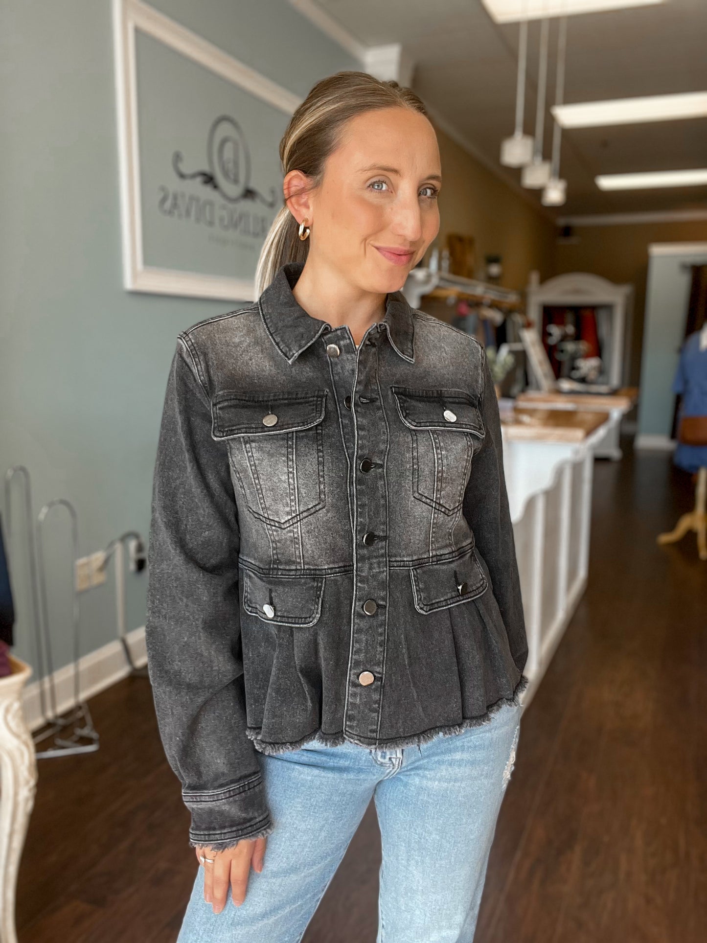 Black Denim Peplum Jacket