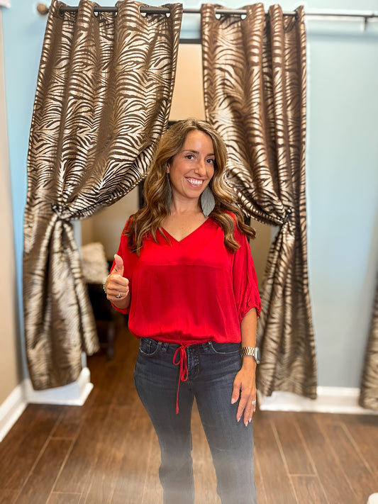 Red Satin V-Neck Blouse