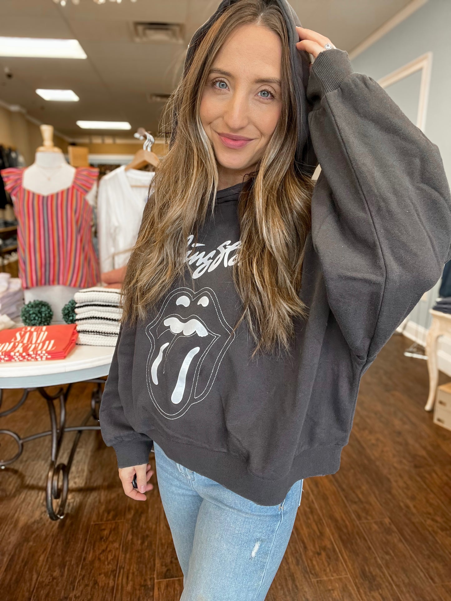 Faded Black Rolling Stones Stitched Tongue Logo Hoodie