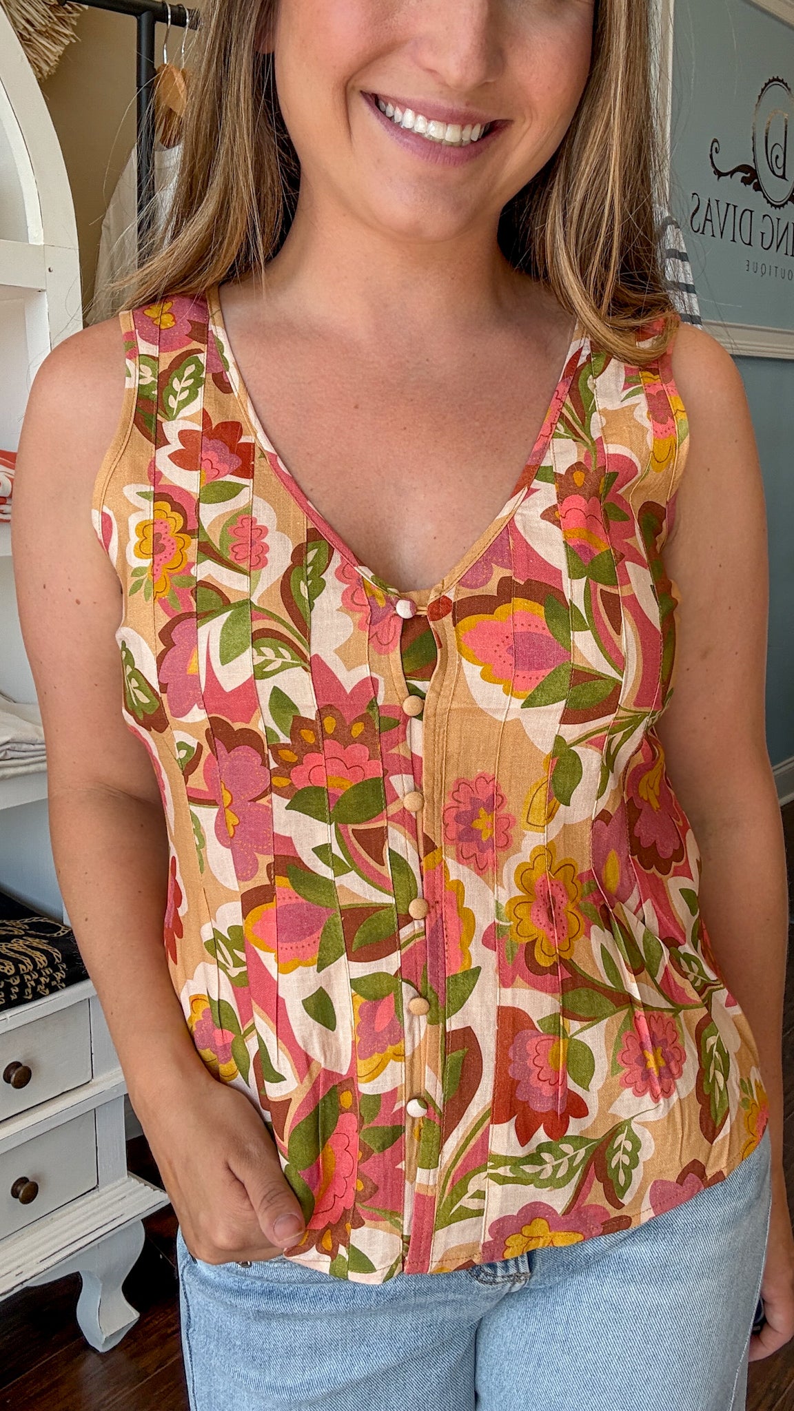 Tan Floral Woven Pintuck Top