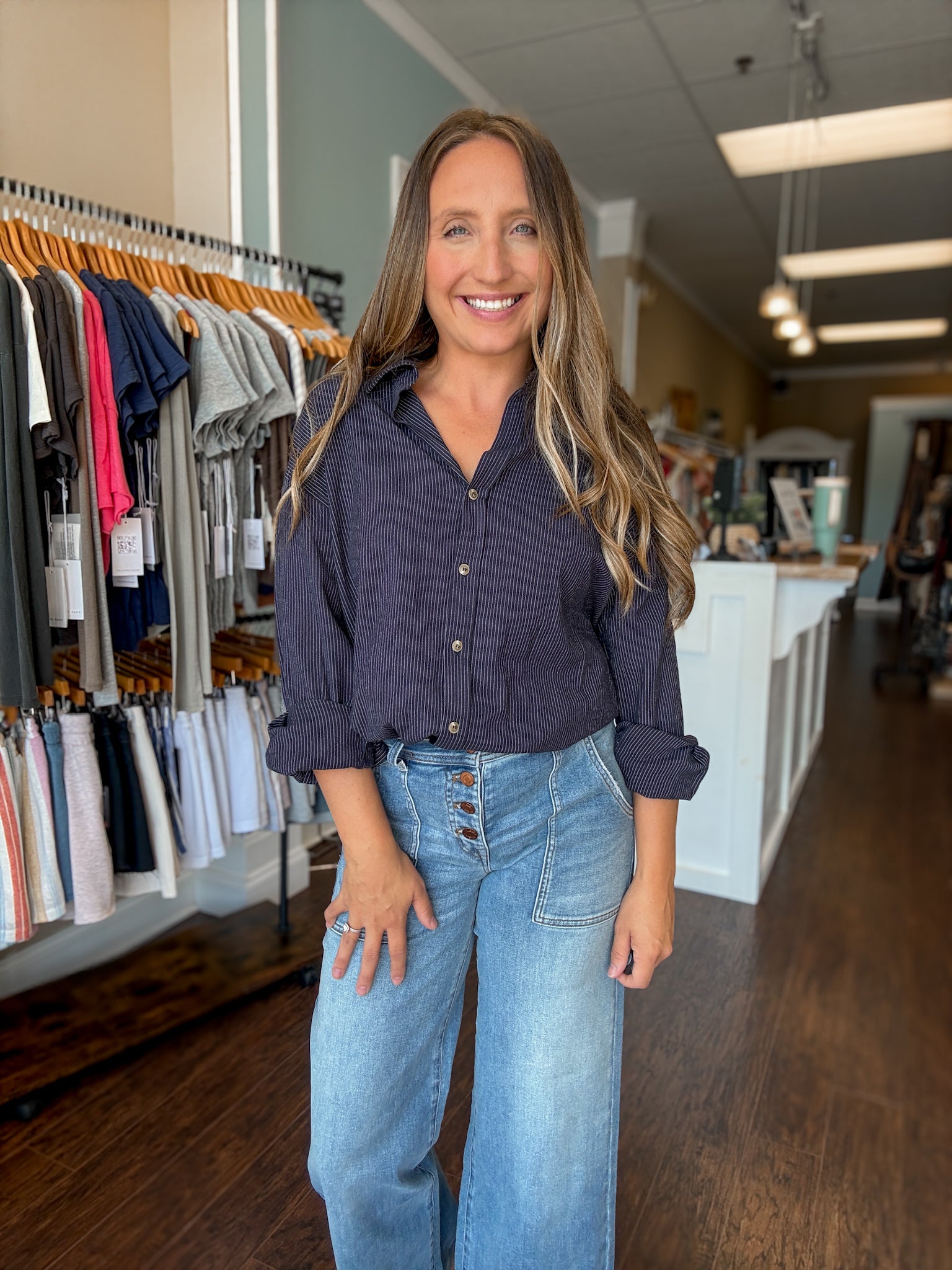 Navy Pinstripe Button Down Shirt